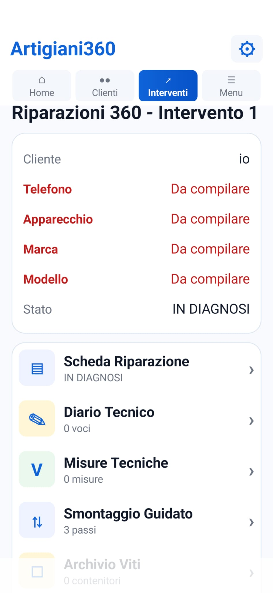 Schermata Riparazioni 360