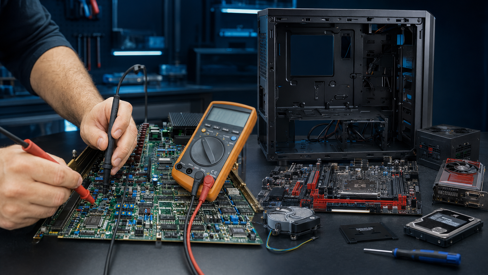 Diagnosi elettronica con multimetro e computer smontato