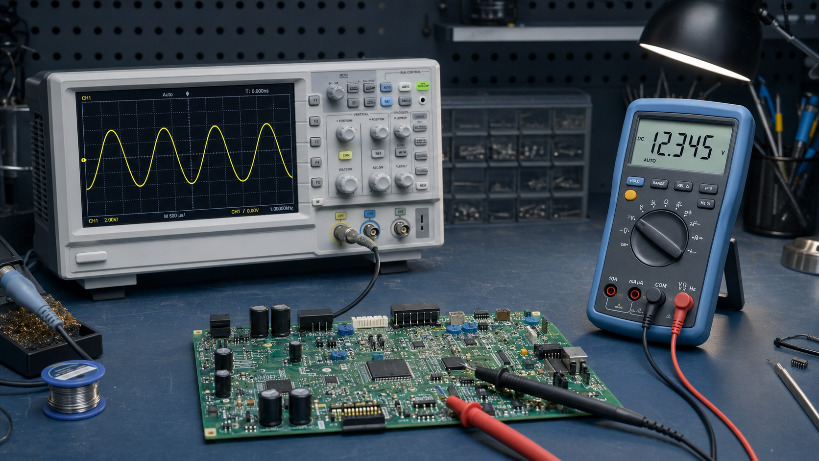 Oscilloscopio e multimetro digitale utilizzati per la diagnosi elettronica